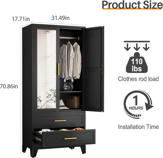 RIETERN Metal Armoire Wardrobe Closet, 71" Tall Bedroom Closet with Mirror, 2 Drawers, Adjustable Shelves, and Hanging Rod, Steel Clothes Closets and Storage, for Bedroom Black