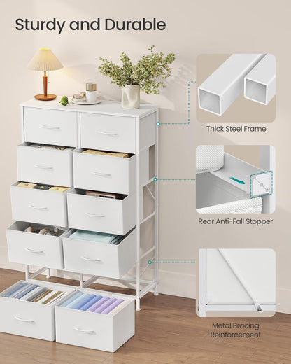 Dresser for Bedroom, Chest of Drawers, Steel, MDF, 10 Non-Woven Fabric Drawers, Storage Organizer Unit, Closet, Entryway, Cloud White and Snow White ULGS125W01S