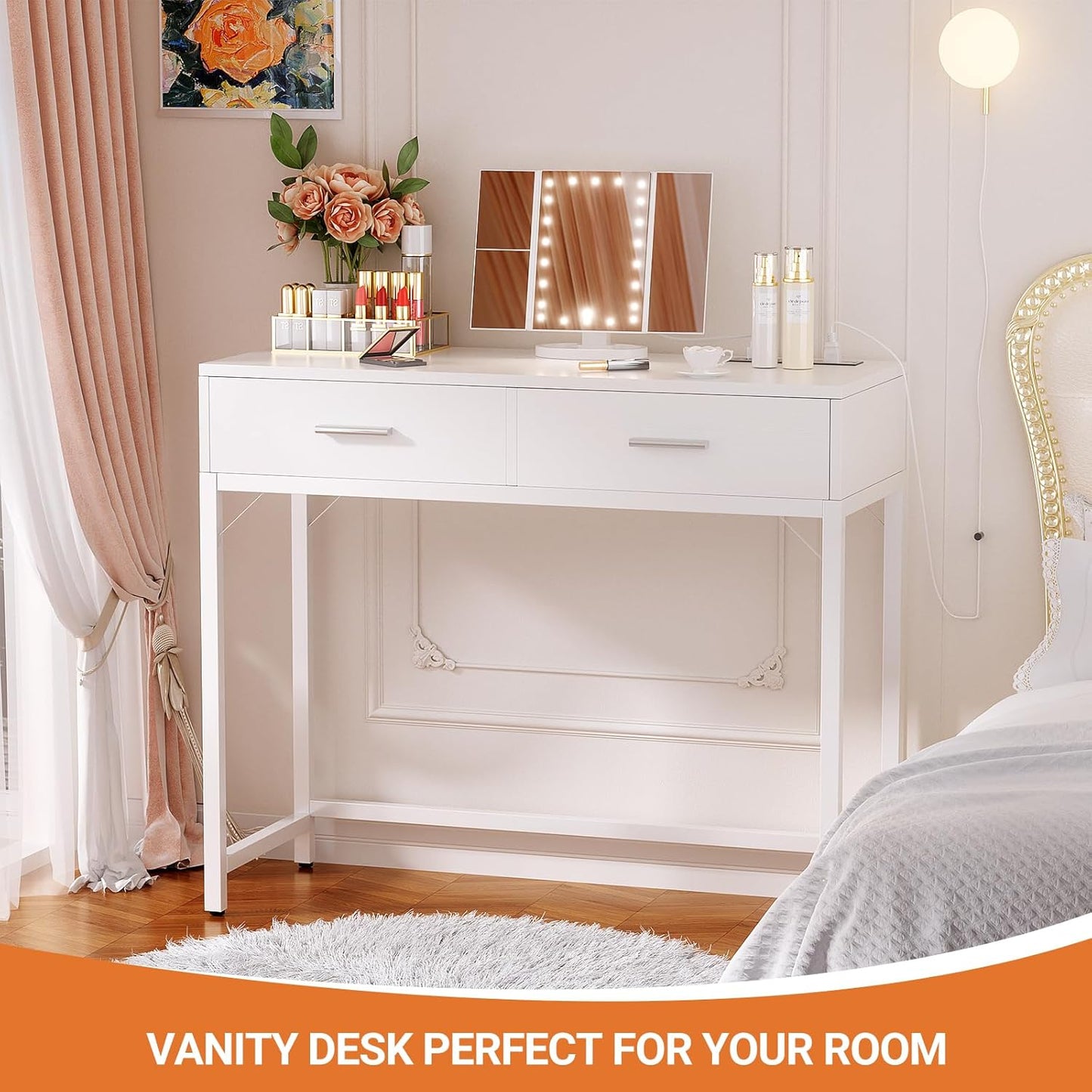 Vanity Desk with Mirror and Lights, 36'' Makeup Vanity Desk with Power Outlet, Small Vanities Set Dressing Table with Drawers for Bedroom, White