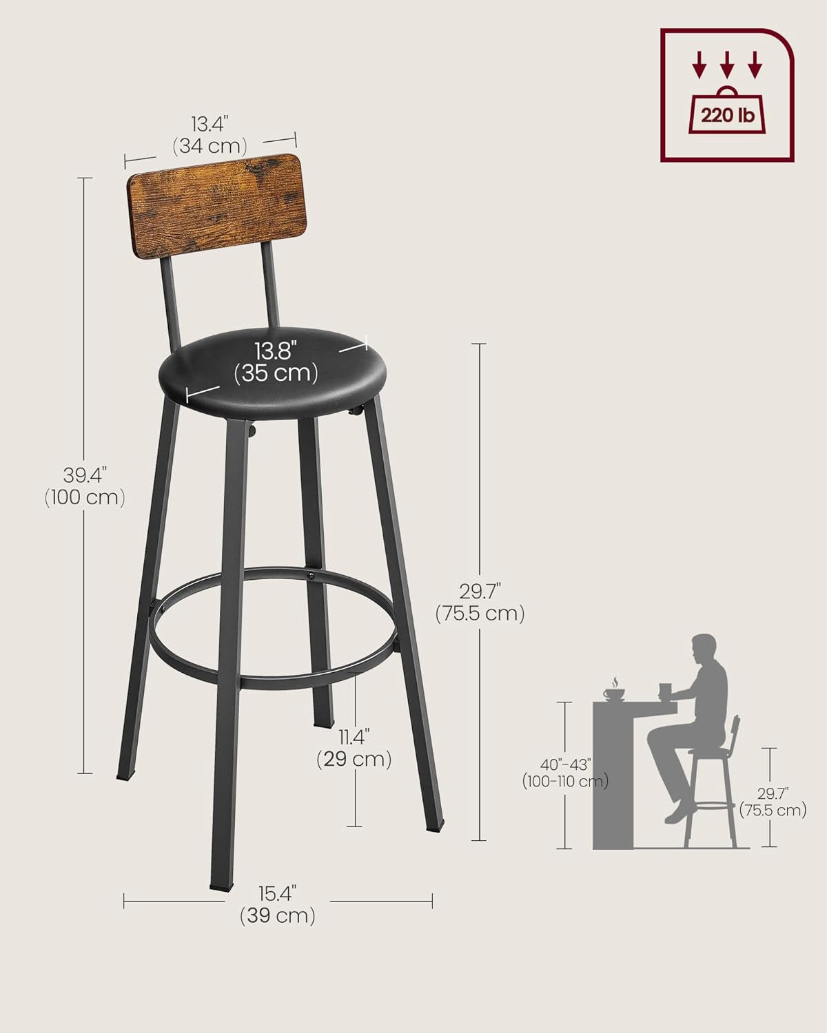 Bar Stools, Set of 2 PU Upholstered Breakfast Stools, 29.7 Inches Barstools with Back and Footrest, Simple Assembly, for Dining Room Kitchen Counter Bar, Rustic Brown and Black ULBC069B81