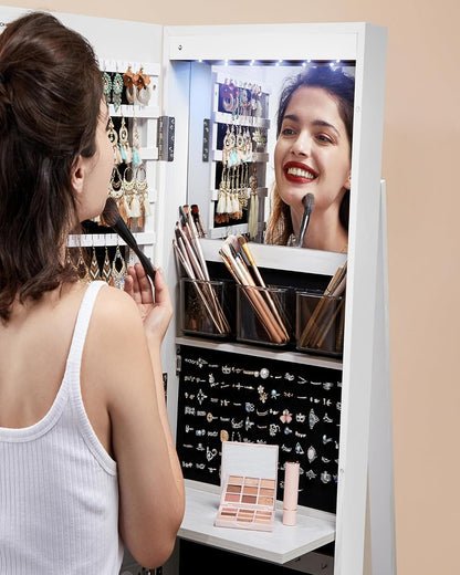6 Leds Lockable Mirror Jewelry Cabinet, 360° Swivel Jewelry Organizer Armoire Standing, Frameless Full-Length Mirror, 3 Storage Shelves, White Surface, Black Lining UJJC007W01