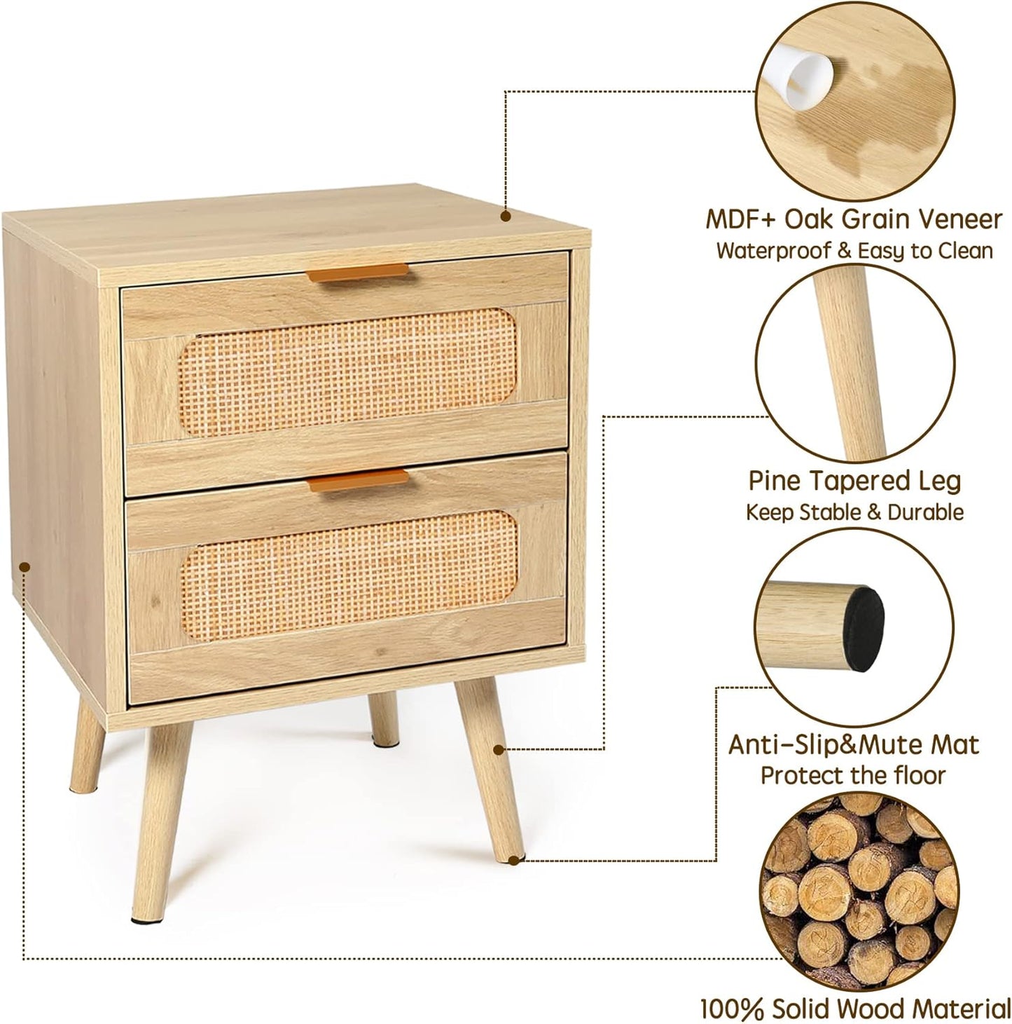 Nightstands Set of 2 with Rattan Drawer, Modern Night Stand for Bedrooms, Wooden 2 Drawer Bedside Table Side Table for Small Place and Bedroom (Brown, 2 Drawers 2 Pack)