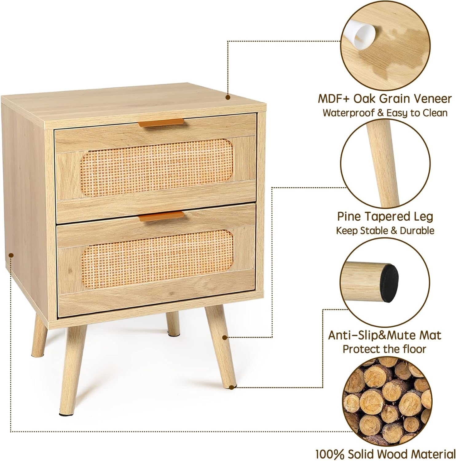 Nightstands Set of 2 with Rattan Drawer, Modern Night Stand for Bedrooms, Wooden 2 Drawer Bedside Table Side Table for Small Place and Bedroom (Brown, 2 Drawers 2 Pack)