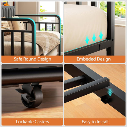 Daybed with Trundle and LED Light, Heavy Duty Metal Twin Bed Frame with Upholstered Storage Headboard & Charging Station, Day Bed Pop up Trundle Bed Twin for Living Room,Bedroom and Guest Room, Black