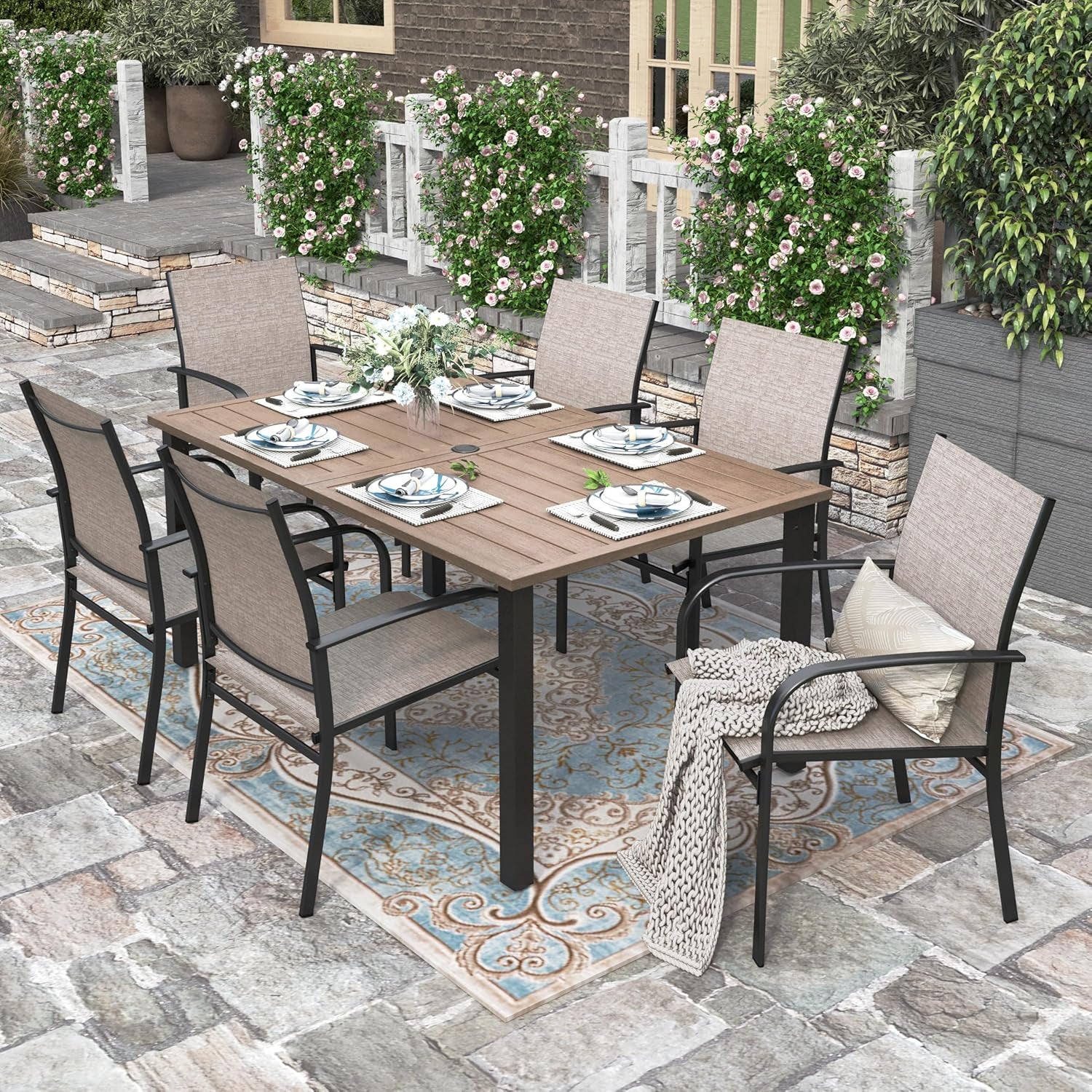 Patio Table and Chairs for 6, 7 Pieces Outdoor Deck Dining Sets, Wood-Like Rectangular Metal Table Set with Chairs for Lawn Garden Backyard, Brown