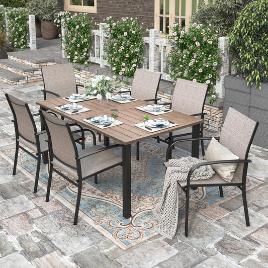 Patio Table and Chairs for 6, 7 Pieces Outdoor Deck Dining Sets, Wood-Like Rectangular Metal Table Set with Chairs for Lawn Garden Backyard, Brown