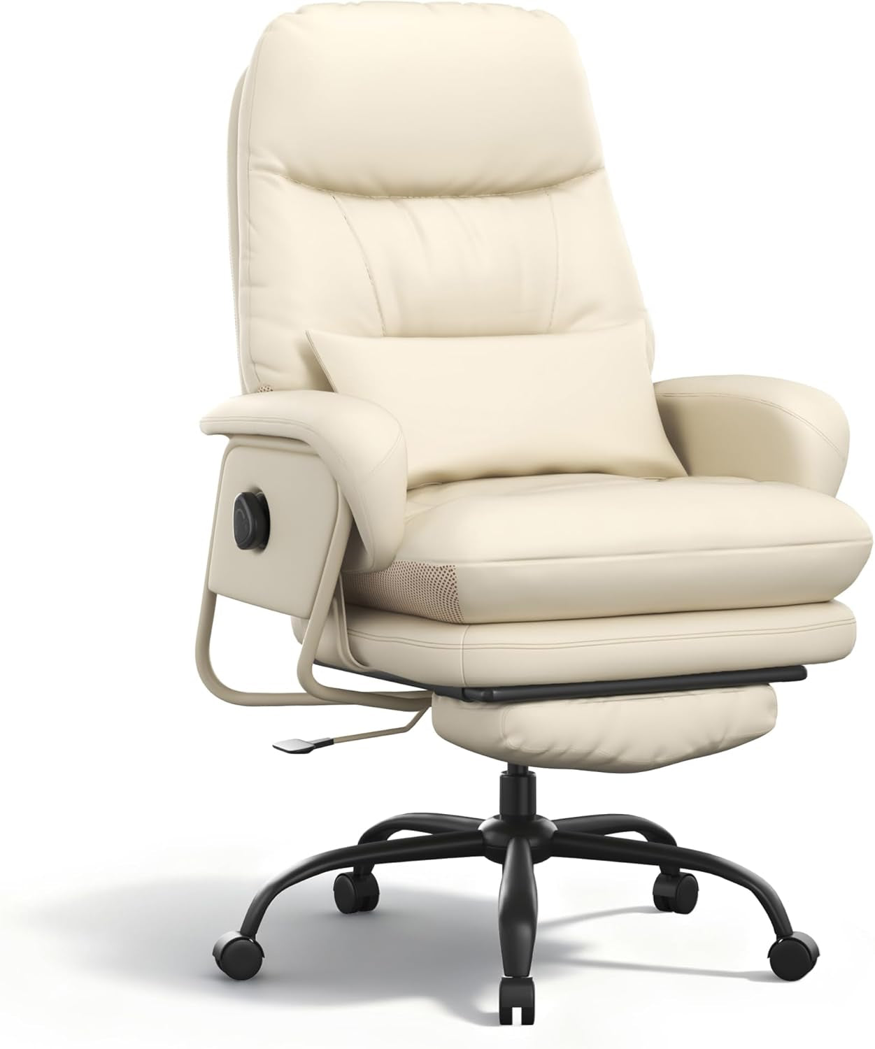 Luno 2-In-1 Chaise Lounge Chair Indoor with Wheels Footrest 90-165° Reclining Lumbar Support, Home Office Chairs for Living Room Bedroom Study Working Relaxing, Leather, Beige White