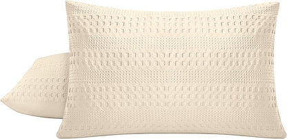 100% Coton Waffle King Size Pillow Cases Set of 2, Soft Aesthetic Pillow Shams Covers 2 Pack, Breathable Decorative Pillowcases without Inserts, 20 X 36 Inches Beige