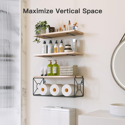 Amada Bathroom Shelves over Toilet with Storage Basket, Floating Shelves Wall Shelves for Home Organization & Wall Decor, Bathroom/Kitchen/Living Room Shelves–Natural Wood