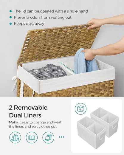 Laundry Hamper with Lid, 110L Clothes Hamper with 2 Removable Liner Bags, 6 Mesh Bags, Wicker Laundry Basket, Double Laundry Hamper for Bathroom, 13 X 22.4 X 23.6 Inches, Natural ULCB52NL