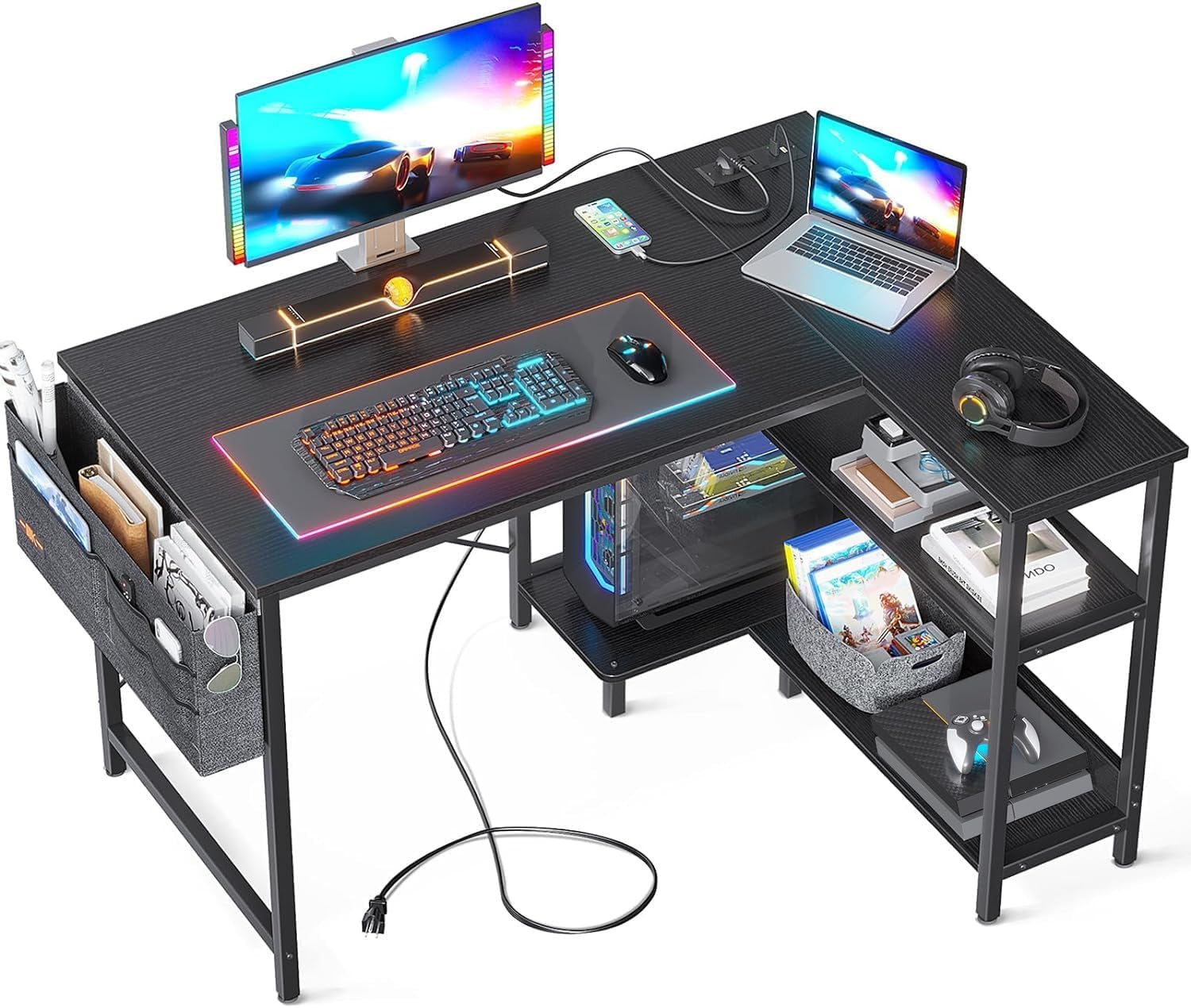 40 Inch Small L Shaped Gaming Computer Desk with Power Outlets, Reversible Storage Shelves & PC Stand for Home Office, Simple Writing Study Table with Storage Bag for Small Space, Black