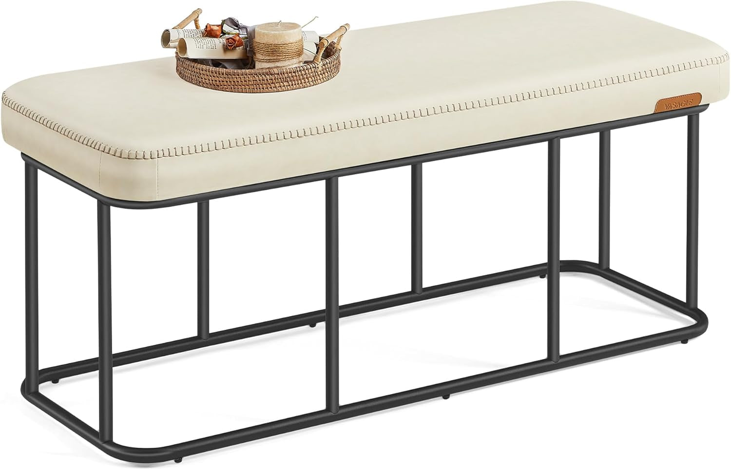 EKHO Collection - Storage Bench for Entryway, Ottoman Bench with Steel Frame, 43.3-Inch Wide, Synthetic Leather, Living Dining Room, Mid-Century Modern, Loads 660 Lb, Cream White ULOM085W02