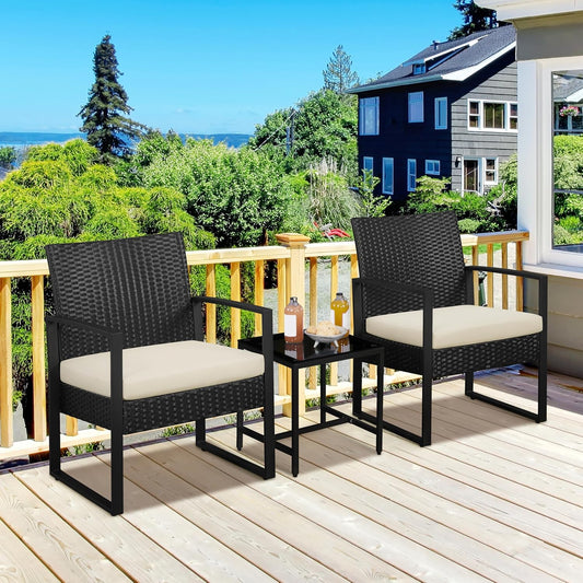 3 Pieces Rattan Bistro Set, Outdoor Wicker Patio Modern Conversation Furniture, 2 Chairs & Tempered Glass Coffee Table for Garden, Balcony, Backyard, Poolside, Black/Beige