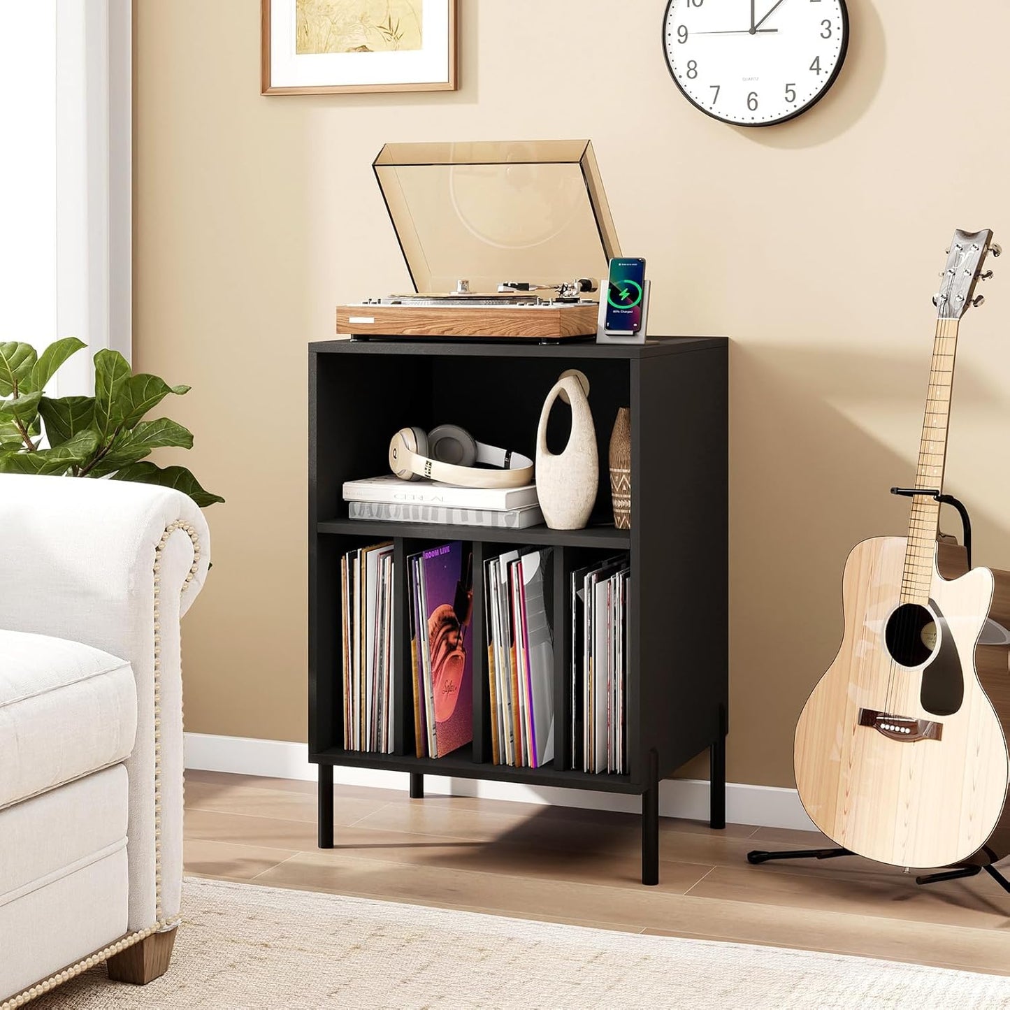 Record Player Stand with LED Lights, Turntable Stand with Charging Station, Vinyl Storage Holder with Sturdy Metal Legs, Album Display Shelf for Living Room, Bedroom (Black)