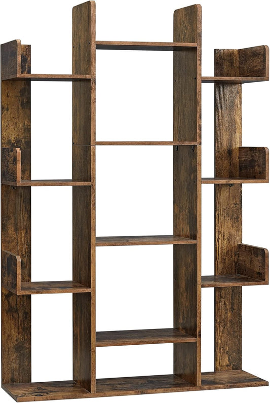Bookshelf, Tree-Shaped Bookcase with 13 Storage Shelves, Rounded Corners, 9.8”D X 33.9”W X 55.1”H, Rustic Brown ULBC67BXV1