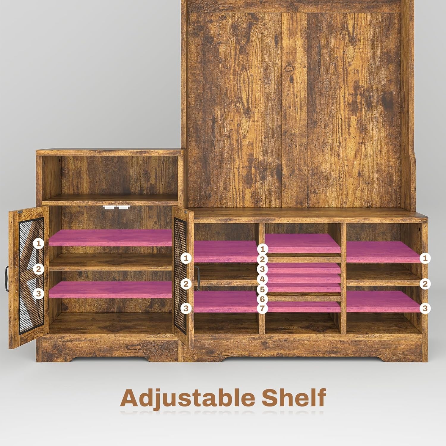 Hall Tree with Bench and Shoe Storage, Entryway Table, Entryway Furniture, 10 Compartments & 8 Double Hooks, Barn Door & Adjustable Shelf, Rustic Brown