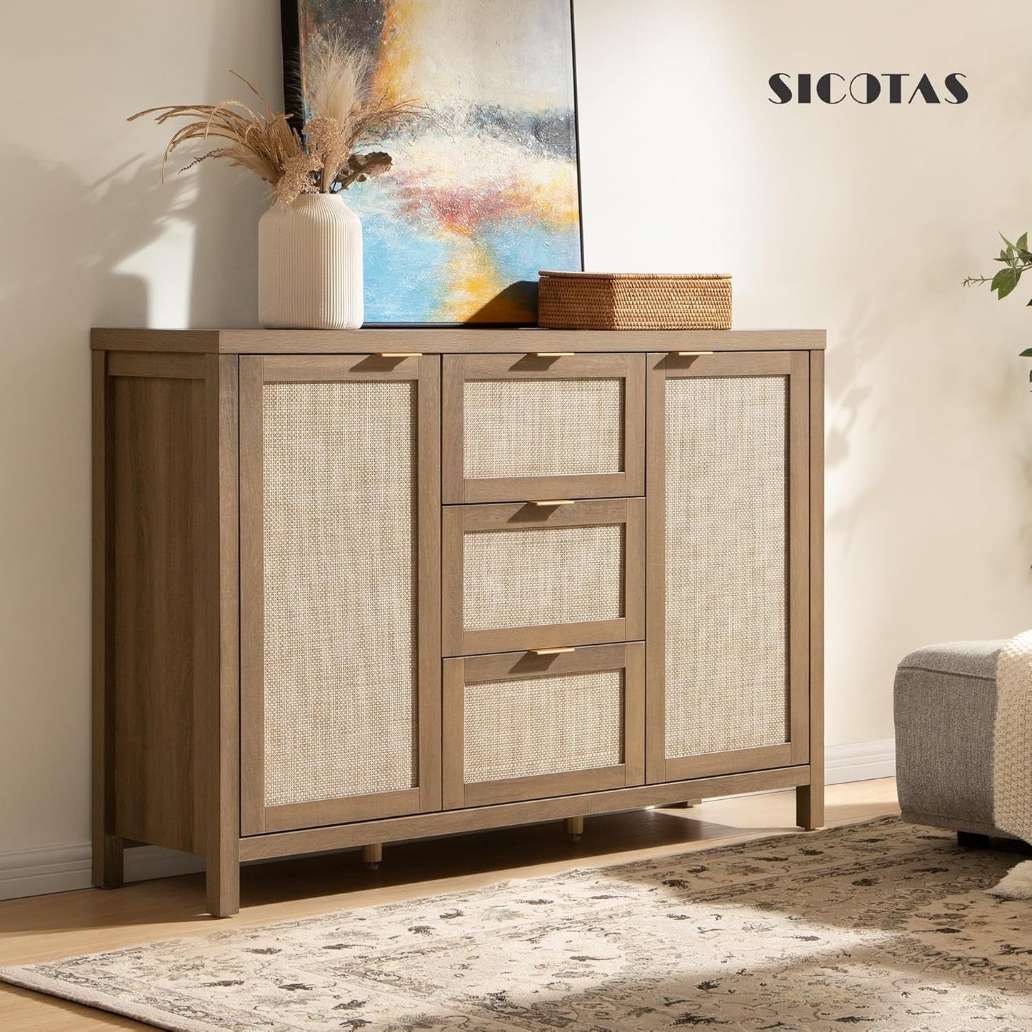 Rattan Sideboard Buffet Cabinet with Storage - 52" Larger Farmhouse Credenza Storage Coffee Bar Cabinet with 3 Drawers & 2 Doors, Boho Console Table for Living Room, Kitchen, Caramel Oak