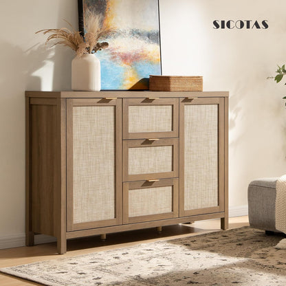 Rattan Sideboard Buffet Cabinet with Storage - 52" Larger Farmhouse Credenza Storage Coffee Bar Cabinet with 3 Drawers & 2 Doors, Boho Console Table for Living Room, Kitchen, Caramel Oak