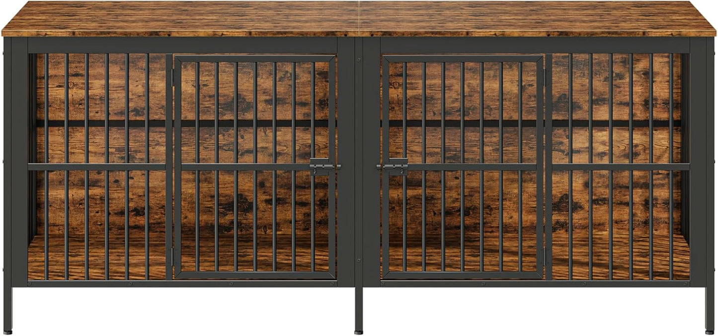 80" Dog Crate End Table, Heavy Duty 2-Door Dog Crate Furniture with Double Compartments, Large Dog Kennel Indoor for Living Room, Multipurpose Dog House as TV Stand or Side Table, Rustic Brown