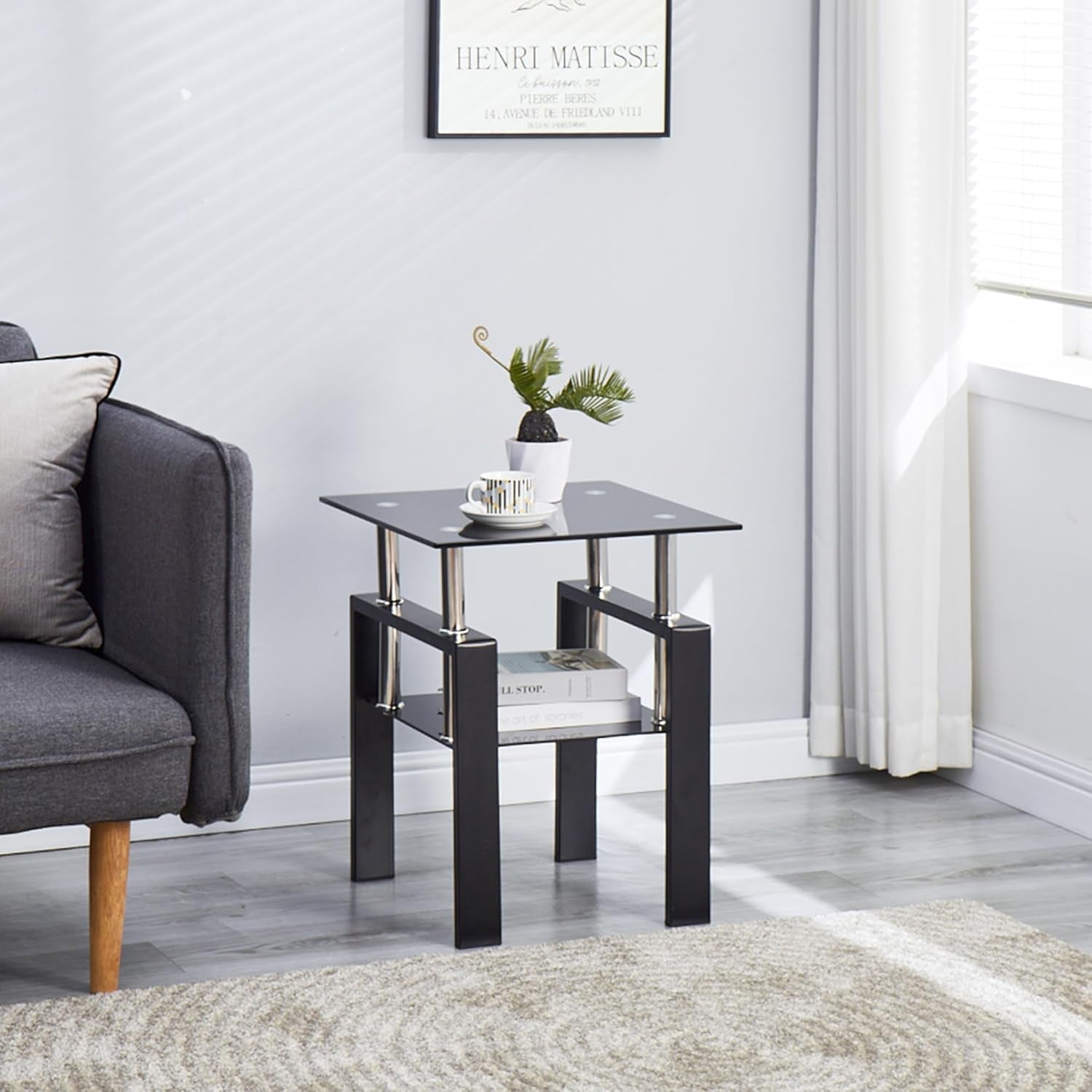 Glass Coffee Table Set of 3, Modern Black Living Room Tables, Coffee and End Tables, 3Pcs Coffee Table Set for Living Room (All Black Set of 3)