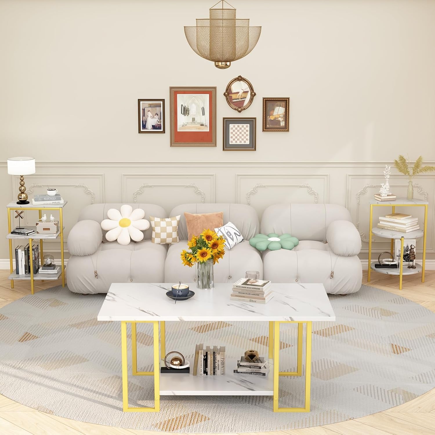 Coffee Table Set of 3,Rectangle Coffee Table&2 Accent Table,Faux Marble Tabletop,3 Piece Living Room Table Sets with Multi Tier Storage, for Small Space, Apartment,White & Gold (Lcts-Wg)