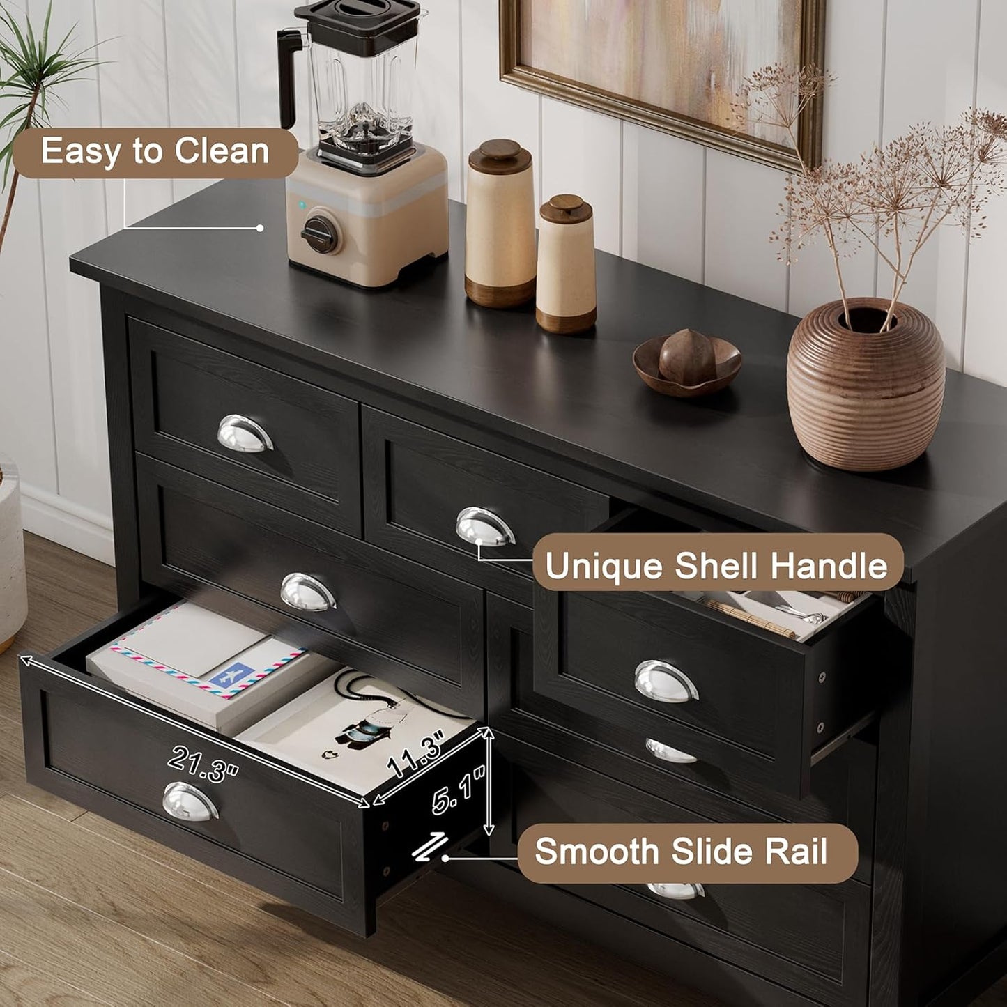 Farmhouse 2-Piece Bedroom Dresser Set, 7 Drawer Wide Dresser & 5 Drawer Tall Dressers, Distressed Wood Grain Finish with Shell Handles, Dressers Chest of Drawers for Bedroom