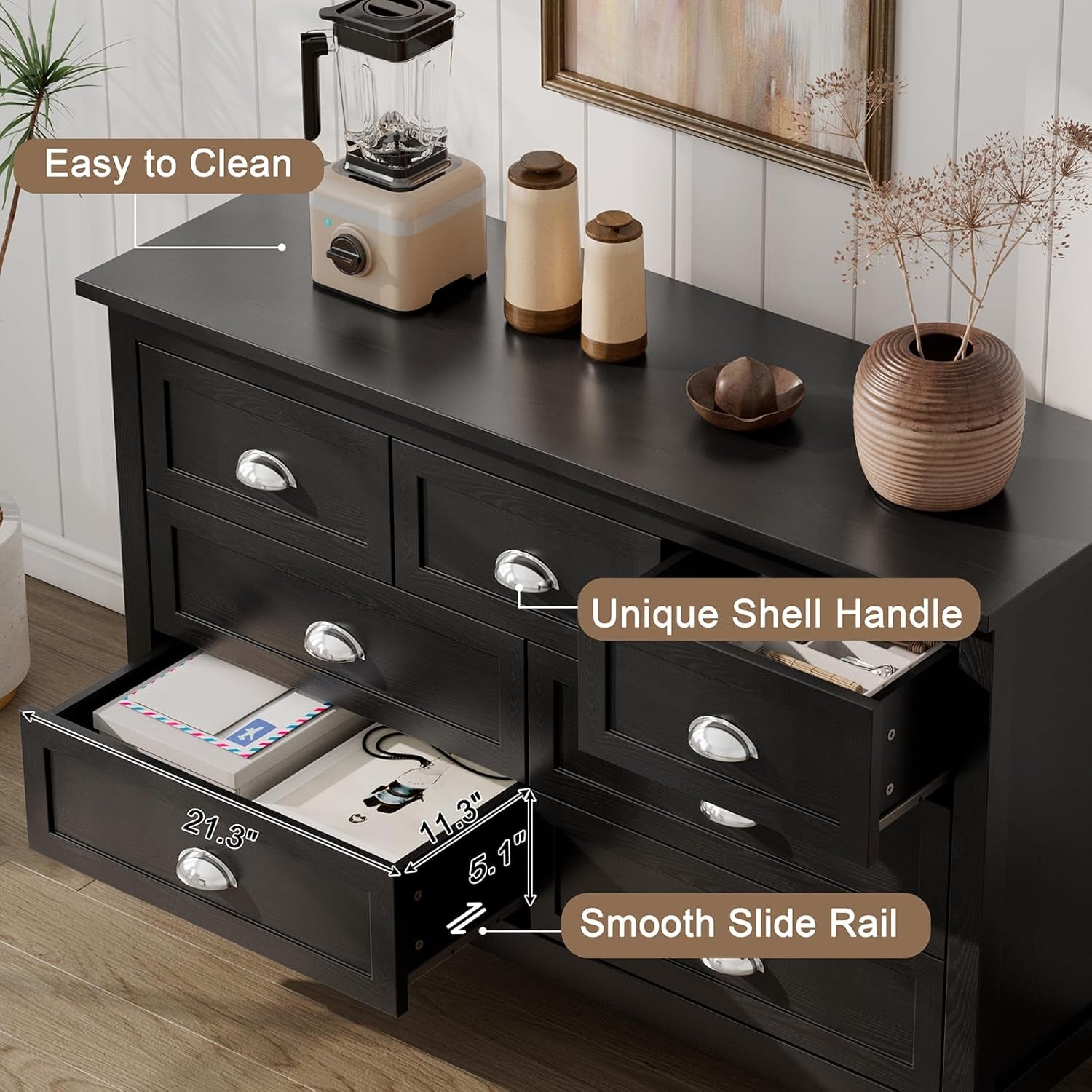 Farmhouse 2-Piece Bedroom Dresser Set, 7 Drawer Wide Dresser & 5 Drawer Tall Dressers, Distressed Wood Grain Finish with Shell Handles, Dressers Chest of Drawers for Bedroom