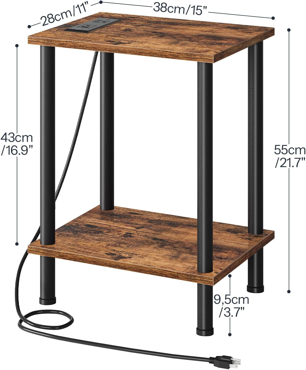 Side Table with Charging Station, End Table with USB Port and Outlet, Nightstand with 2-Layer Storage Shelves for Small Spaces, Living Room, Bedroom, Stable Frame, Rustic Brown BF09UBZ01