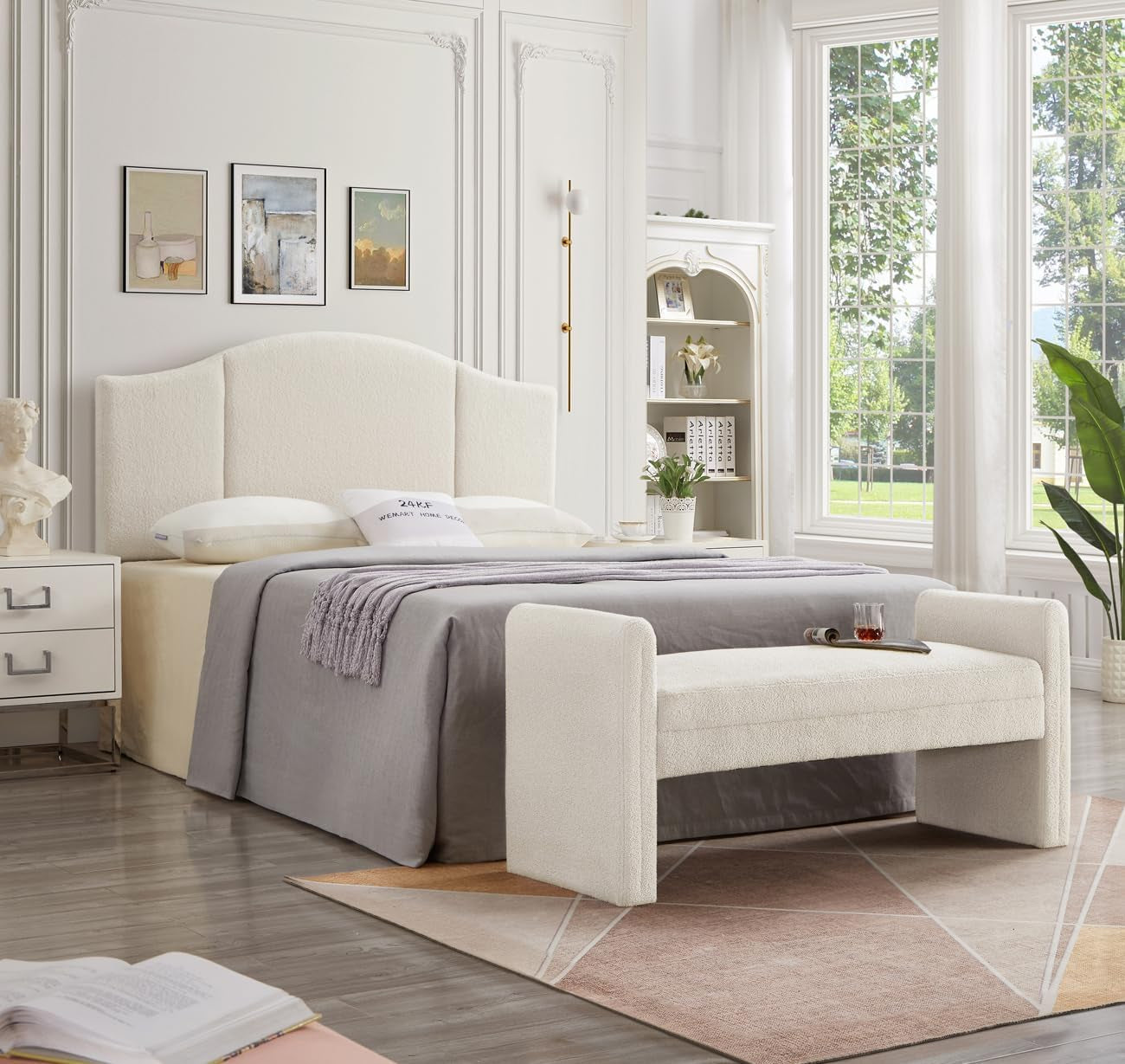 Middle Century Upholstered Foldable Headboard, Modern Boucle Teddy Fabric Queen/Full Headboard 6033-Q-Cream
