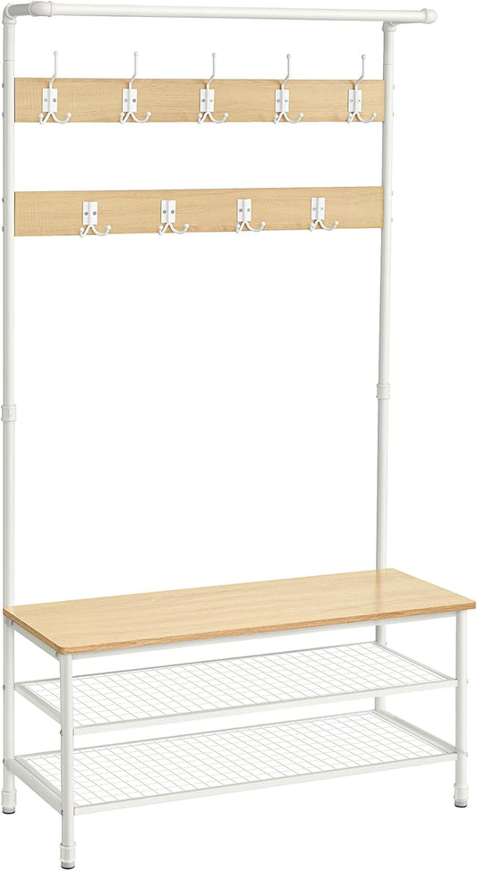 Coat Rack, Hall Tree with Shoe Storage Bench for Entryway, with 9 Hooks, a Shoe Rack, a Hanging Rod, 16.3 X 39.4 X 71.7 Inches, for Living Room, Bedroom, Oak and White UHSR047W09