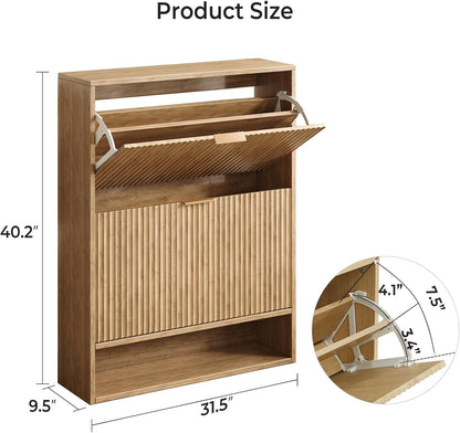 31.5''W Oak Shoe Storage Cabinet for Entryway with 2 Flip Drawers, Narrow Wood Fluted Shoe Rack Cabinet,Freestanding Slim Shoe Organizer Cabinet for Foyer, Hallway