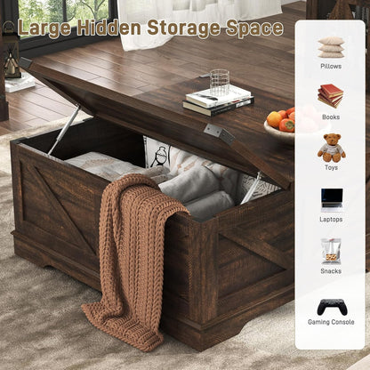40” Large Farmhouse Lift Top Coffee Table with Power Outlets and Large Hidden Storage, Square Wood Living Room Tables, Multi-Function Lift Wooden Barn Door Center Table, Brown