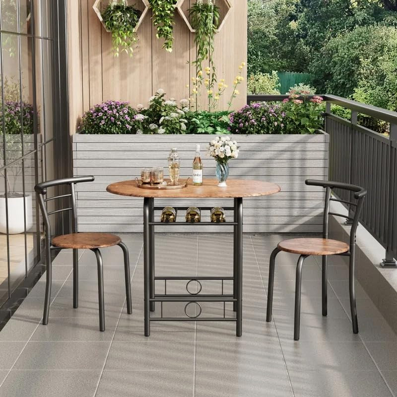 3-Piece Wooden Dining Table Set, Kitchen Breakfast Nook Sets with 2 Chairs & round Tabletop, Space Saving Furniture Metal Frame and Built-In Wine Rack, Brown