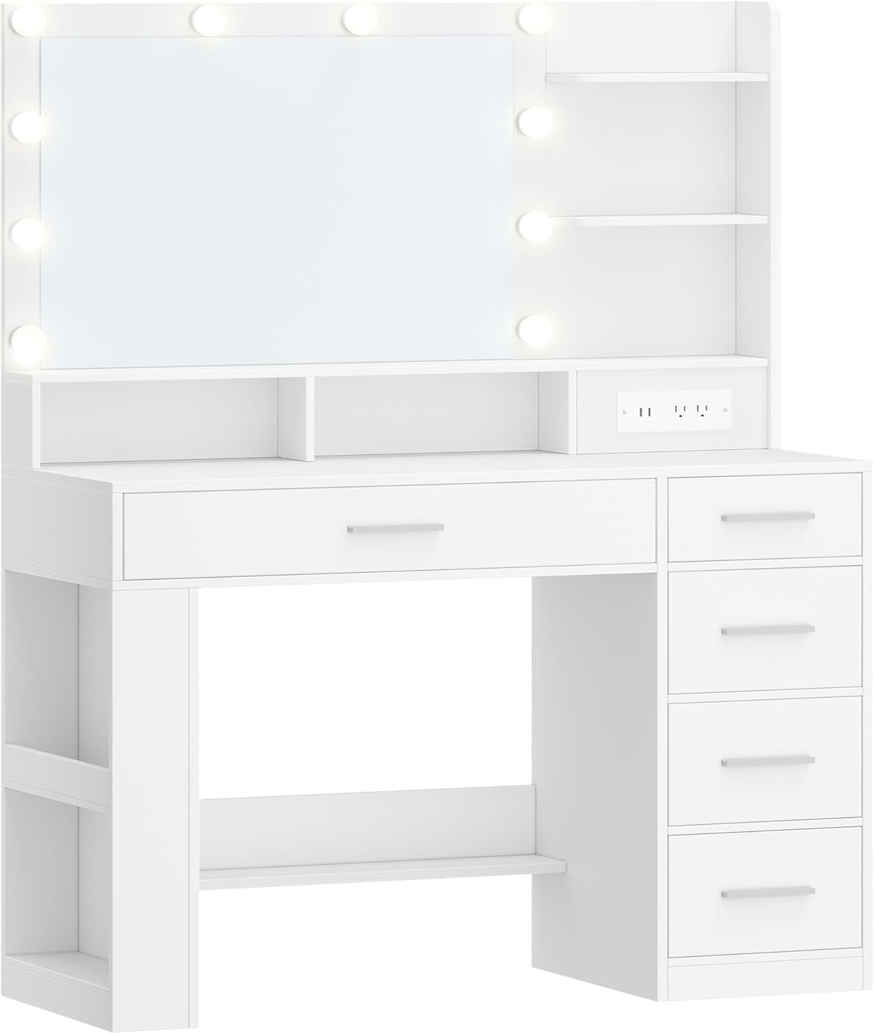 Vanity Desk with Large HD Mirror, Makeup Vanity with Led Lights, Dressing Table with Power Strip, 6 Storage Shelves, 5 Drawers and Side Open Storage, Simple, White WX426HDT