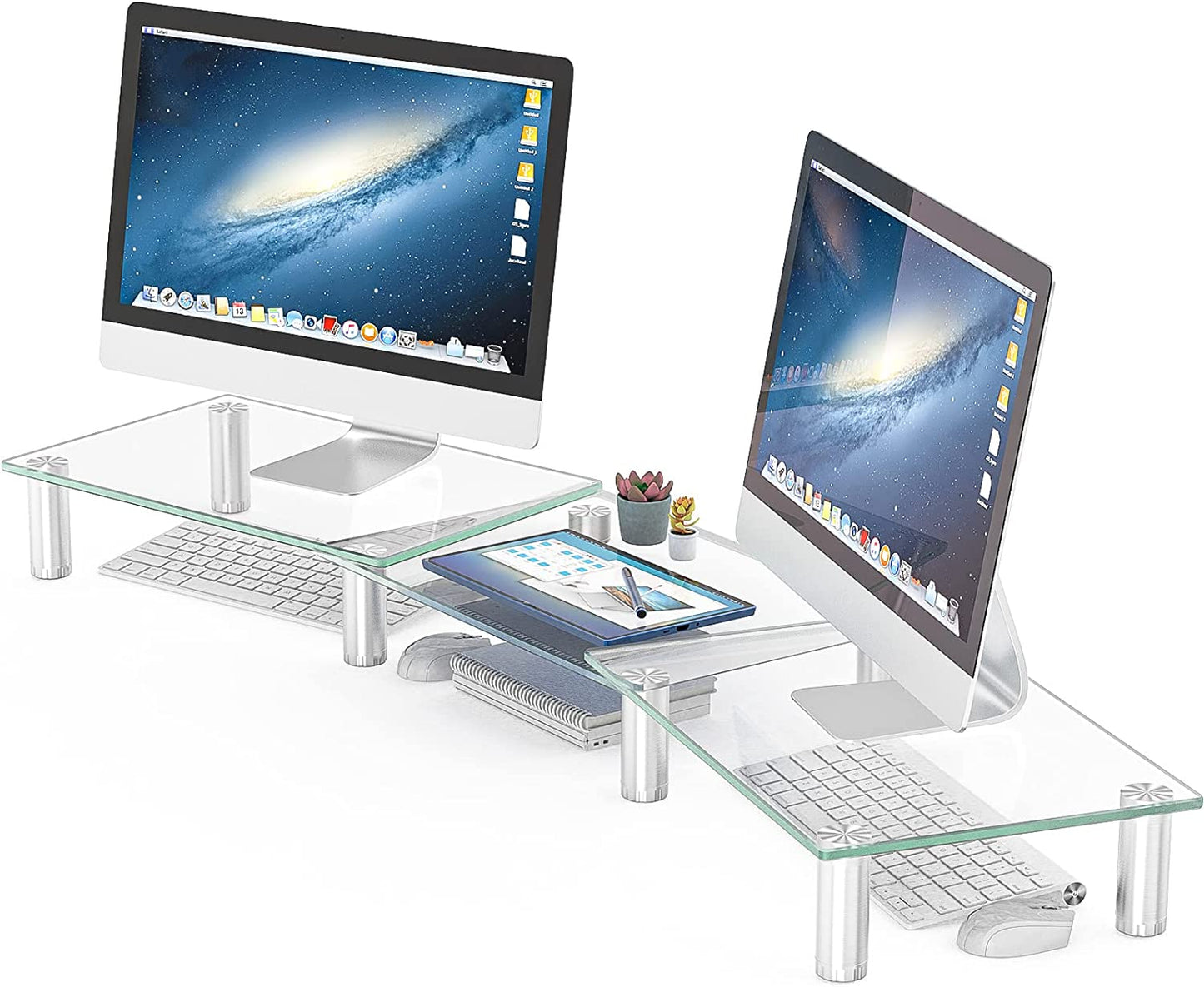 Dual Monitor Stand -Adjustable Length and Angle Dual Monitor Riser, Desktop Organizer for PC, Computer, Laptop (Clear)