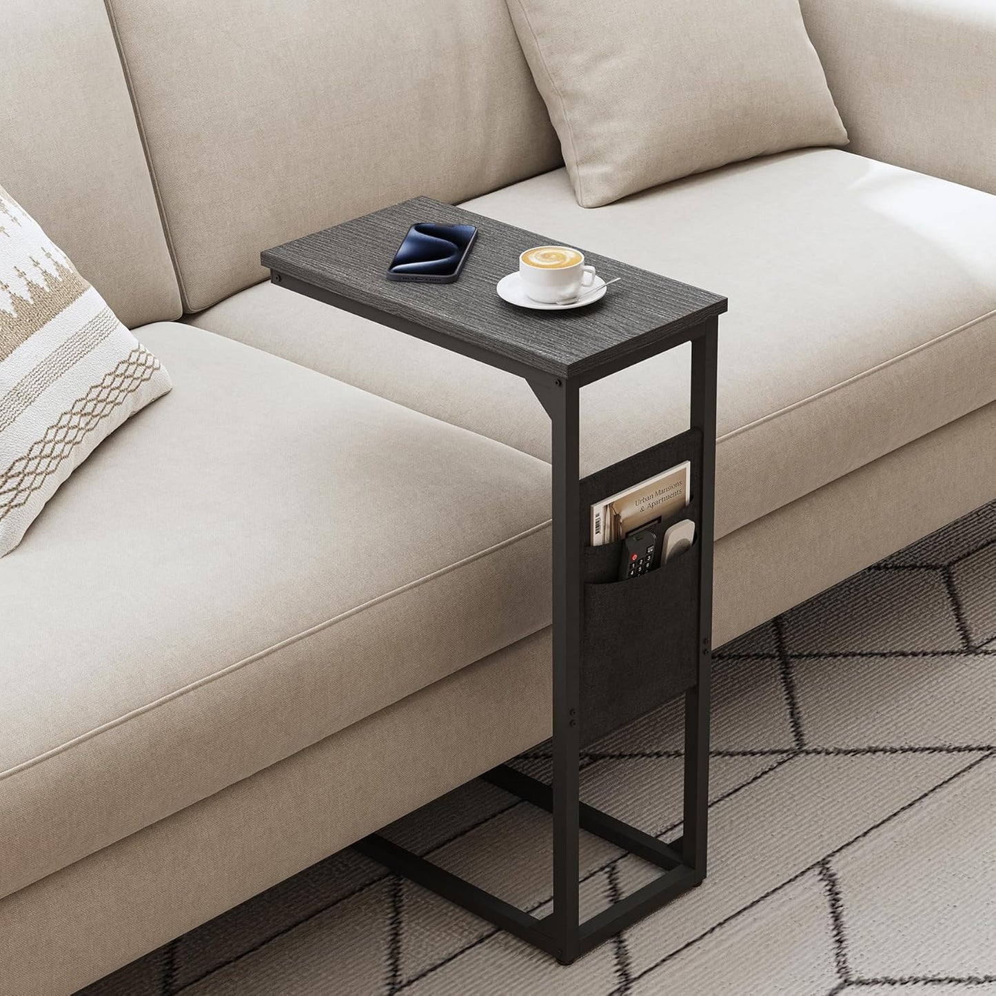 C Shaped End Table, Side Table for Couch, Sofa Table with Storage Bag, TV Tray for Living Room, Bedroom, Black TB01BK082