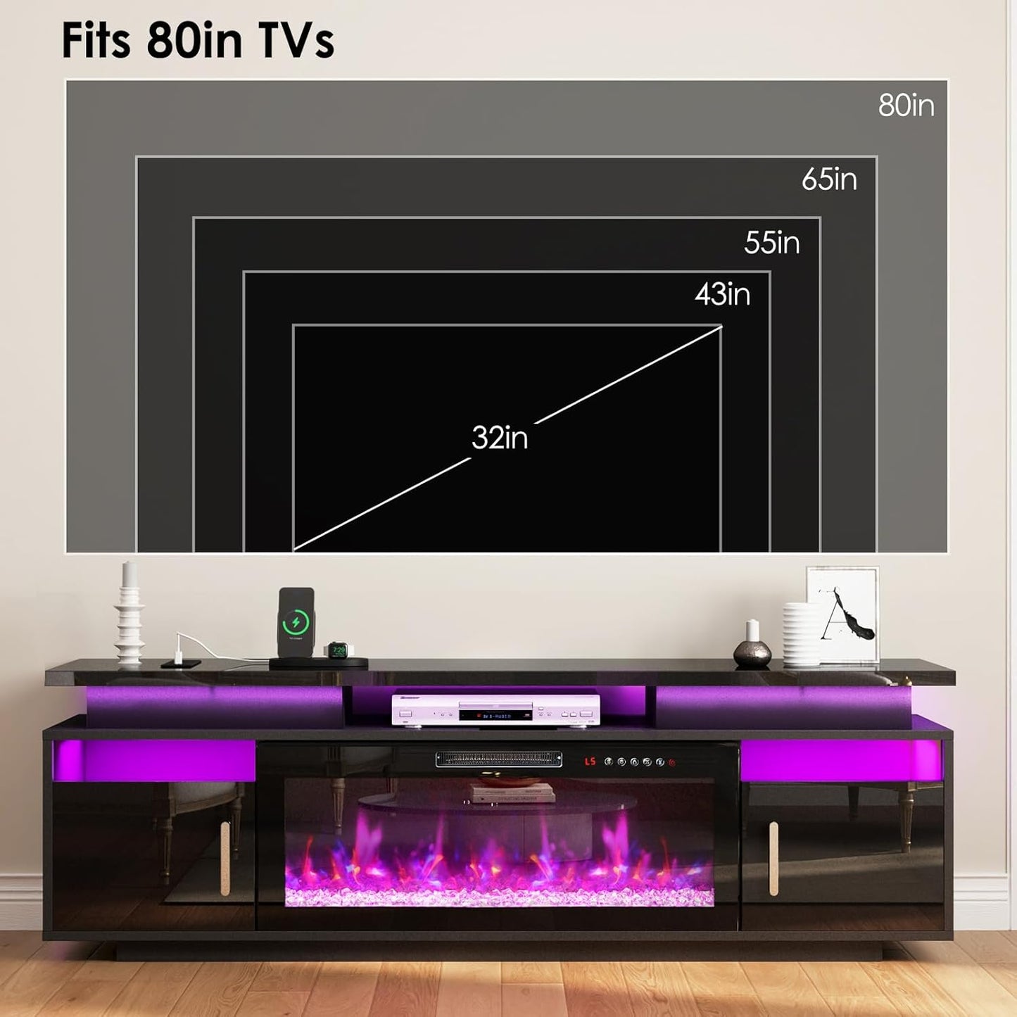 TV Stand with Fireplace, 67In Entertainment Center with Opening Shelves Modern Storage Cabinets and LED Lights, for 80 Inch Tvs, for Living Room, Black