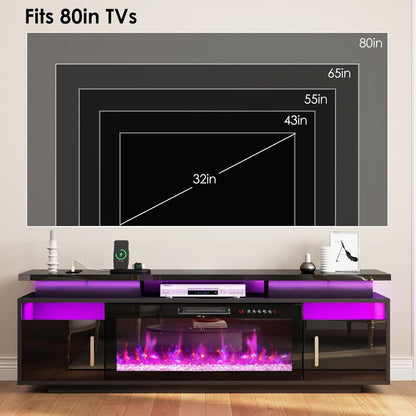 TV Stand with Fireplace, 67In Entertainment Center with Opening Shelves Modern Storage Cabinets and LED Lights, for 80 Inch Tvs, for Living Room, Black