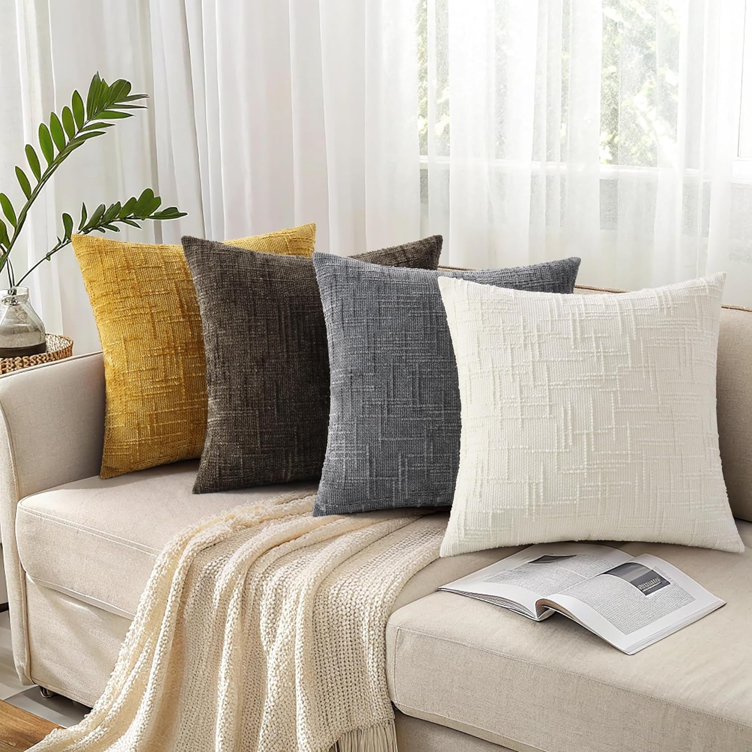 Christmas Cream White Chenille Throw Pillow Covers 18X18 Set of 2 Thick Textured Slubby Couch Pillow Covers Farmhouse Accent Modern Neutral Decorative Pillow Cases for Bed Sofa Living Room