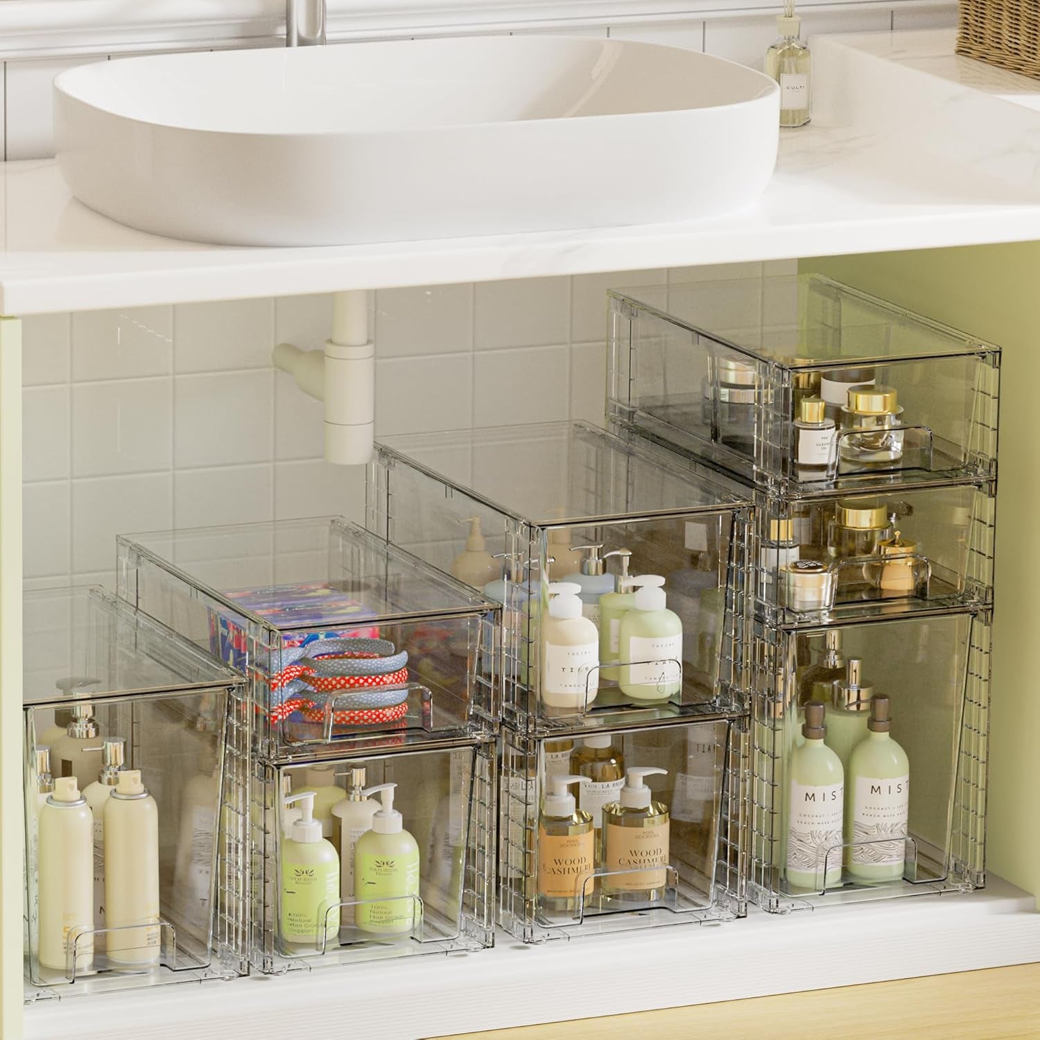 3 Pack Clear Stackable Storage Drawers,Easy to Assemble Bathroom Organizers and Storage with Handles,Plastic Drawers for Kitchen Pantry,Cabinet,Under Sink Organization