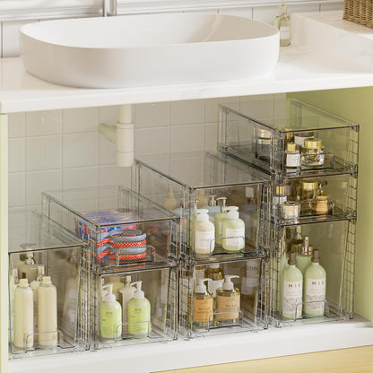 3 Pack Clear Stackable Storage Drawers,Easy to Assemble Bathroom Organizers and Storage with Handles,Plastic Drawers for Kitchen Pantry,Cabinet,Under Sink Organization