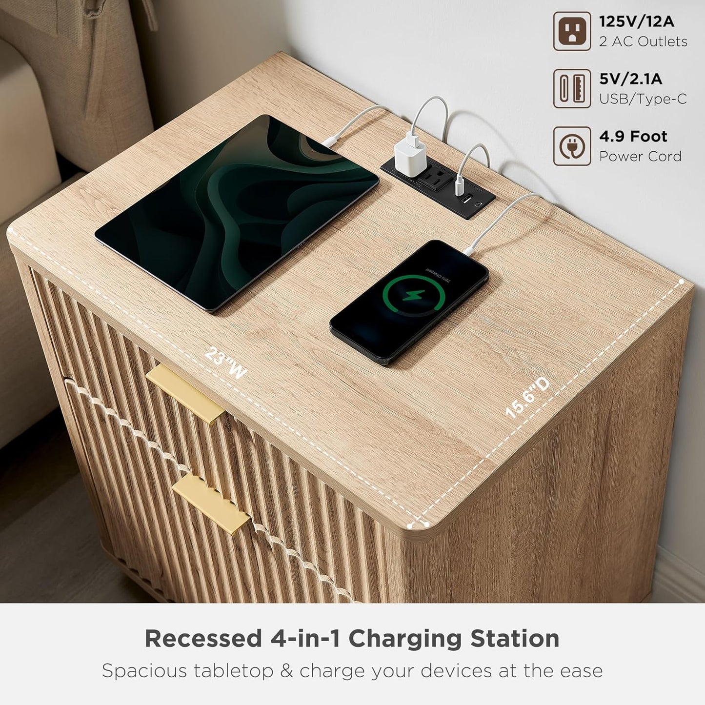 23'' Fluted Nightstand with Charging Station, Large 2 Drawer Bedside Table, Modern End Table with Storage, Mid Century Night Stand for Bedroom, Living Room, Curved Profile, Natural Oak