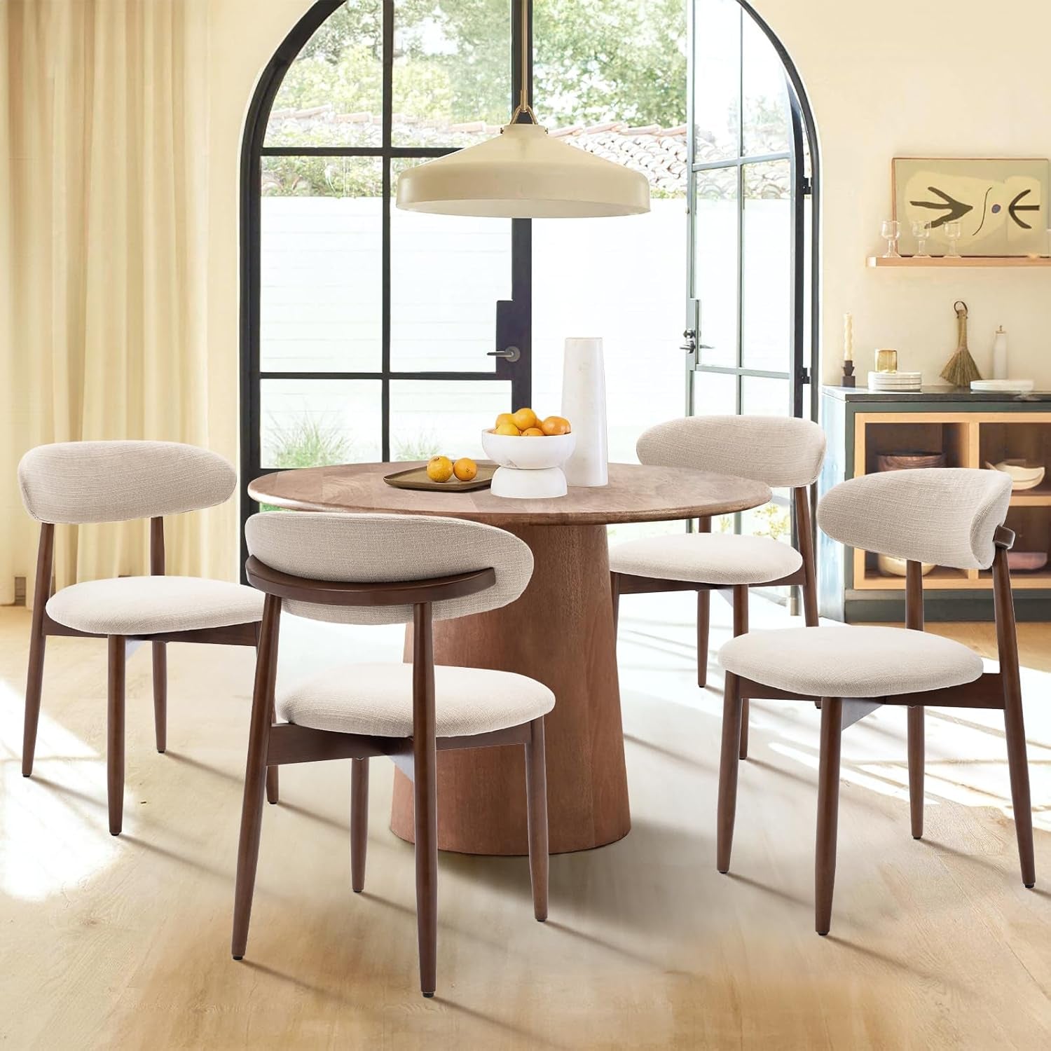 Wooden Dining Chairs Set of 4, Modern Fabric Upholstered Kitchen Side Chairs, Farmhouse Dining Room Chair with Foot Pegs, Beige