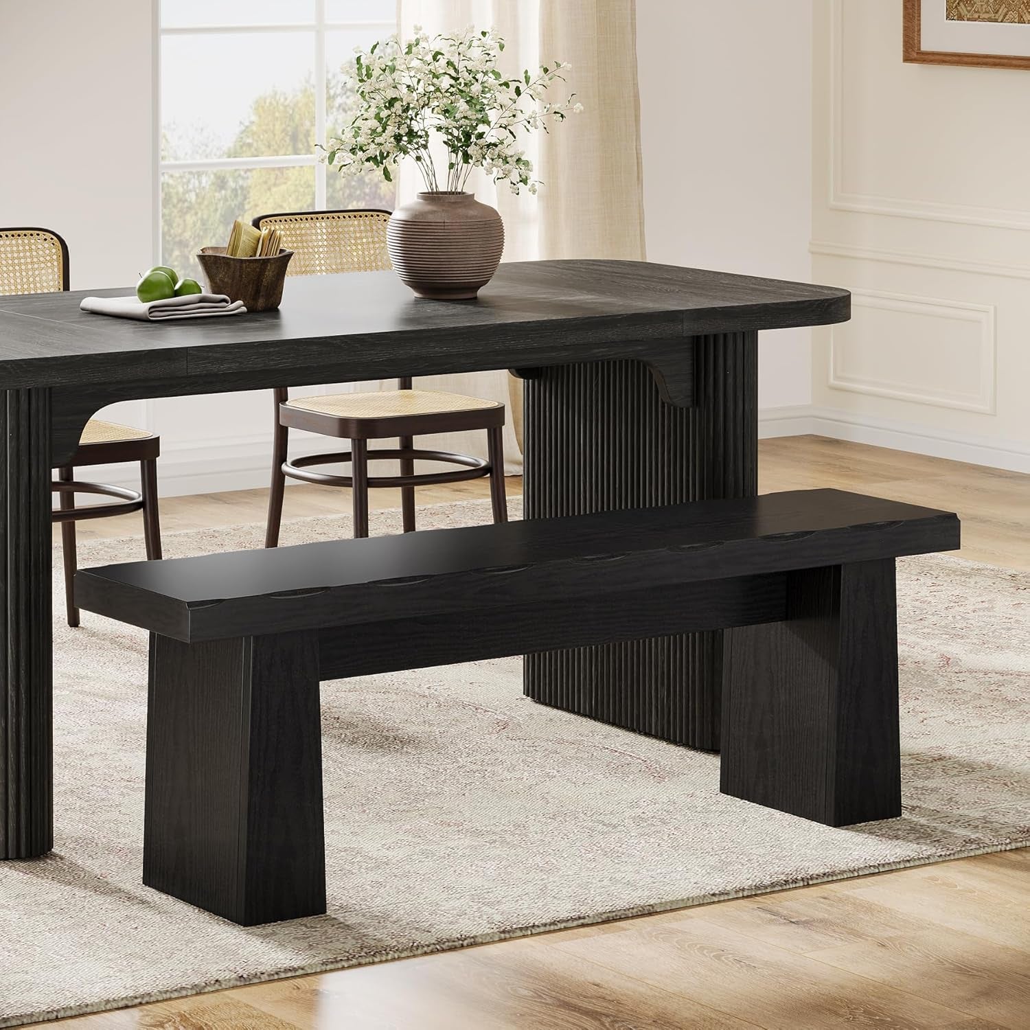 Wooden Dining Bench, 47-Inch Long Kitchen Bench with Sturdy Frame for Dining Room, Entryway, Living Room, Hallway, Easy Assembly (Black)