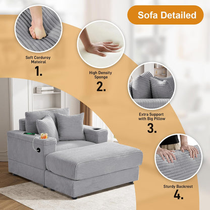 Oversized Chaise Lounge Chair Indoor with USB, Cup Holder & Ottoman, Firm Solid Wood Frame with Long Service Life Corduroy Oversized Lounge Reading Chair for Study Room - Grey