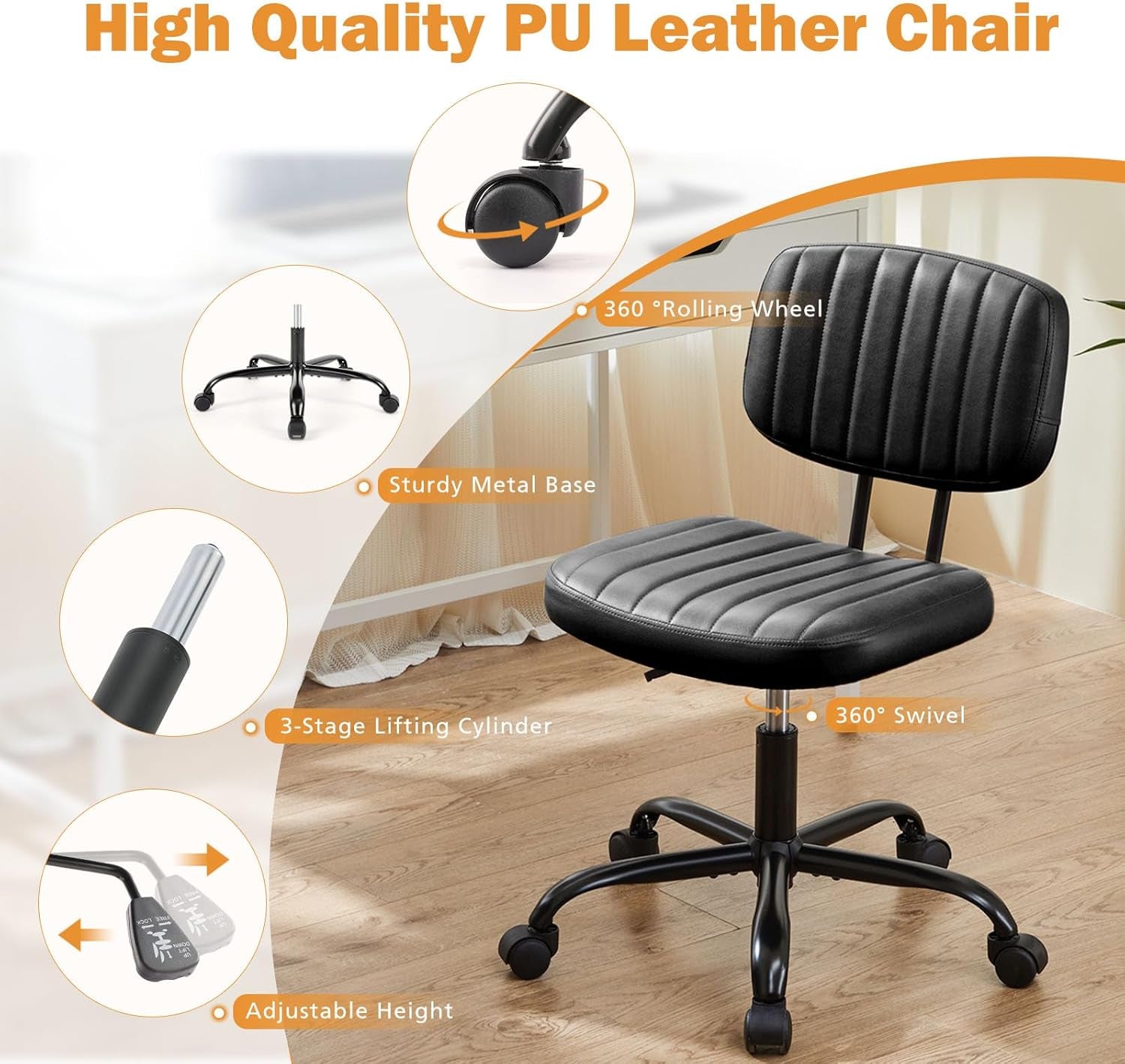 Small Office Desk Chair with Wheels Armless Comfy Computer Chair with Lumbar Support, PU Leather Low Back Adjustable Height 360° Rolling Swivel Task Chair without Arm for Home, Bedroom