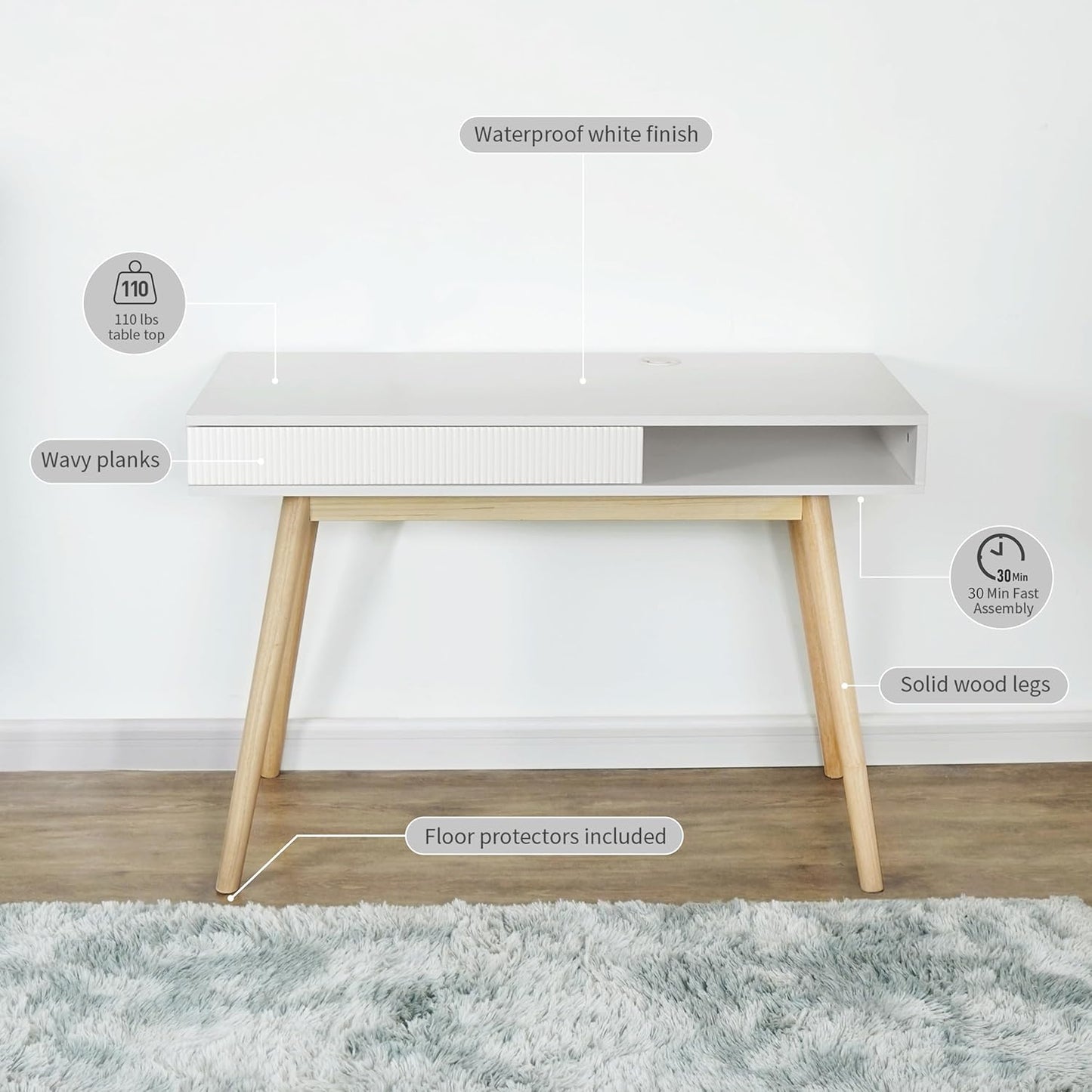 42" Wood Modern Office Desk with Drawer, Simple Writing Desk for Home, White