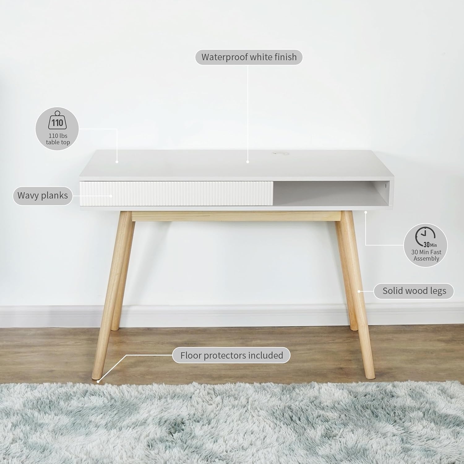 42" Wood Modern Office Desk with Drawer, Simple Writing Desk for Home, White