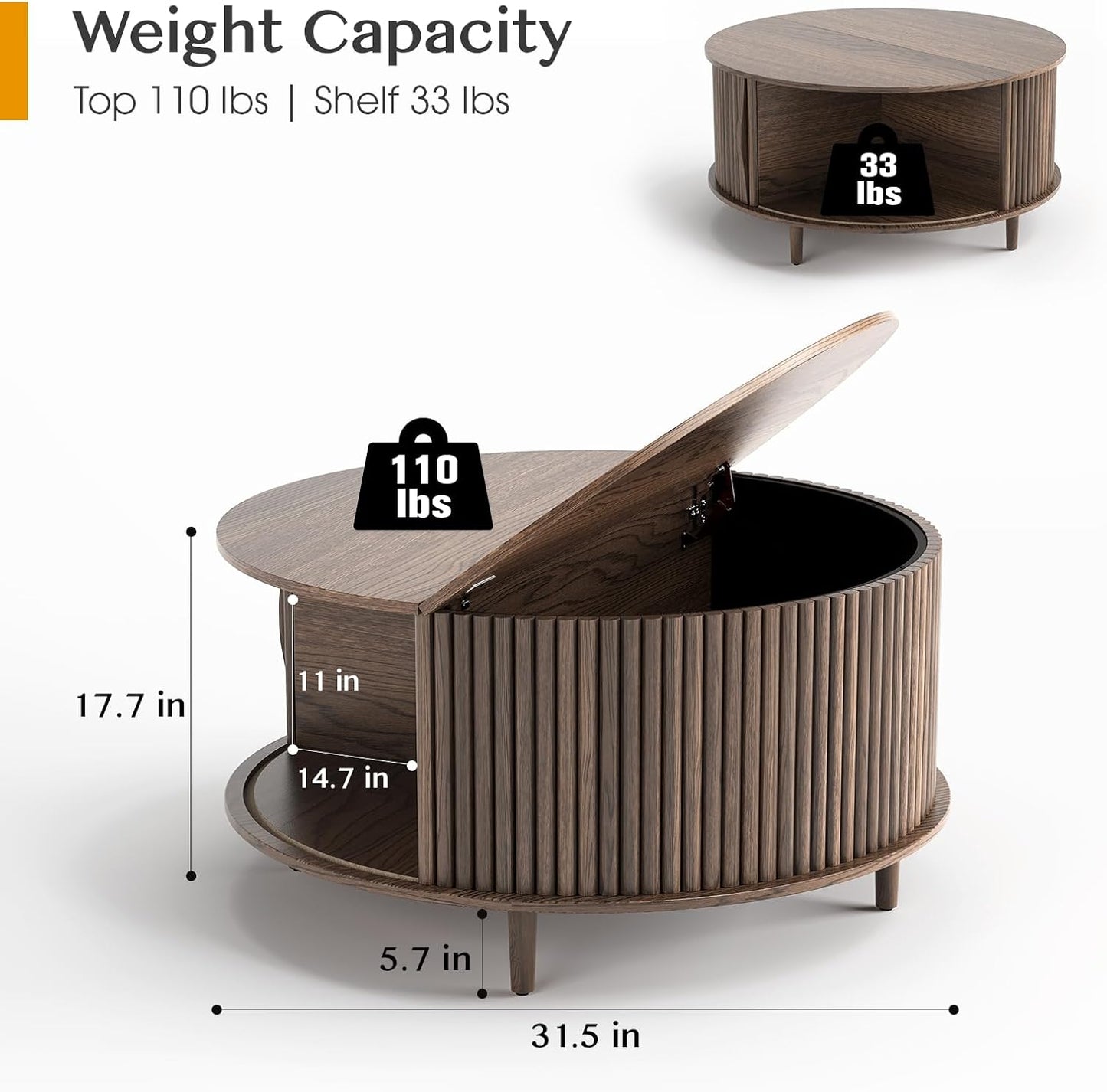 Round Coffee Table with Storage,Fluted Center Table with Sliding Cabinet Door for Living Room,Home Small Space,31.5" Small Center Table,Walnut