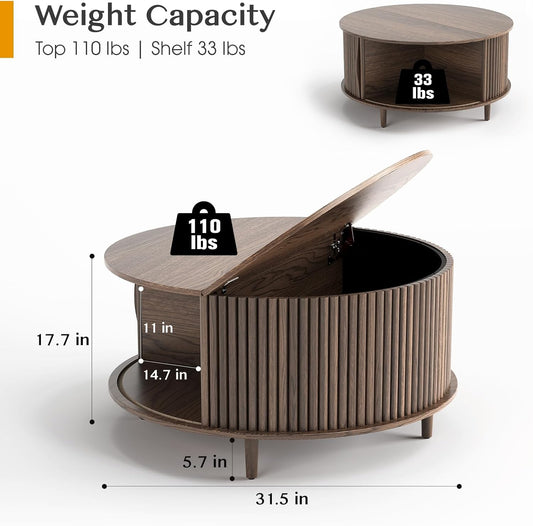 ,Round Coffee Table with Storage, 31.5" Fluted Center Table for Living Room, Modern Walnut Wood Circle Drum Table with Sliding Cabinet Door, Mid Century Furniture for Small Space